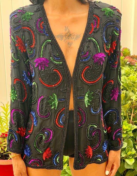 VINTAGE BLACK MULTI COLOR SEQUIN BEADED JACKET